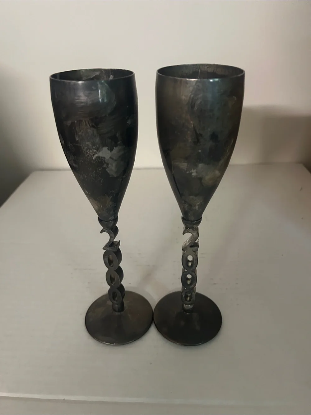 Vintage Pair of Metal Goblets with Twisted Stem - Dark Silver. Godinger